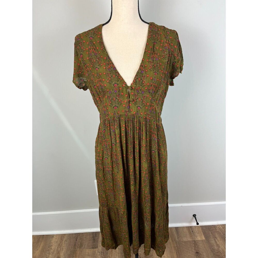 Natural Life Tiered Flowy mid length Dress Women's L Short Sleeve Boho Pockets